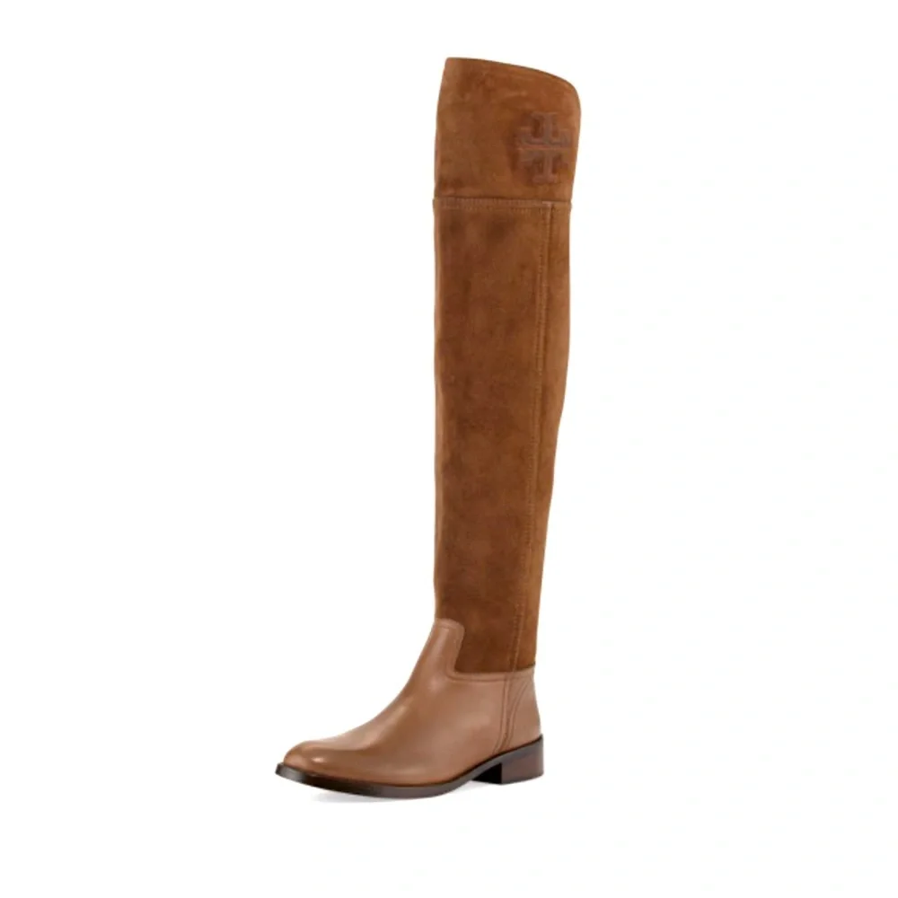Tory Burch Simone Brown Suede Over The Knee Riding Style With Large  Logo Boots